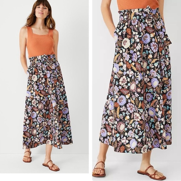Ann Taylor Batik Black Tie Waist Pull On Printed Maxi Skirt Medium Resortwear - Picture 2 of 9